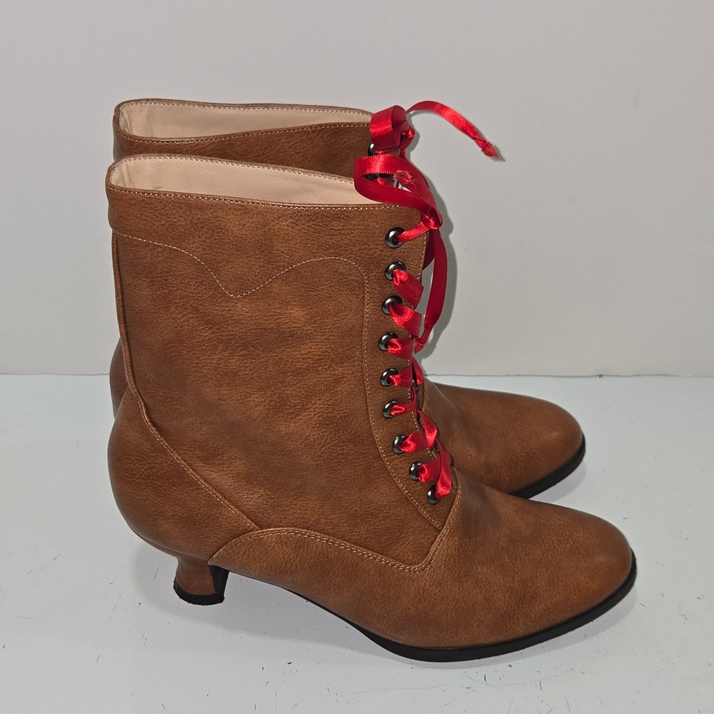 Womens Brown Faux Leather Victorian Lace Up Ankle Boots Red Ribbon Size 8.5
